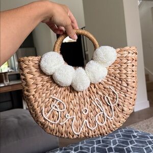 Woven Bride Handbag with White Pom Poms perfect for bachelorette